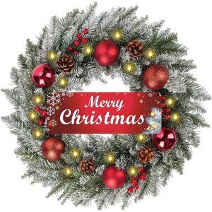 20 inch Merry Christmas Sign Holiday Wreath, Prelit with LED Lights